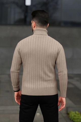 Erkek Balıkcı Yaka Bağazlı Triko Kazak Pamuklu Kalın Fitilli Dokuma, Regular Fit Uzun Kollu Kışlık Model - Bej Bej