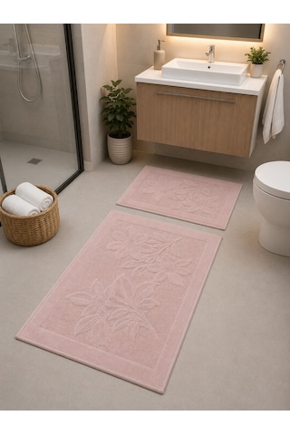 Kabartma Çiçek Desenli 2 Li Banyo Paspas Seti Yumuşak Dokulu Modern Banyo Halısı Pembe