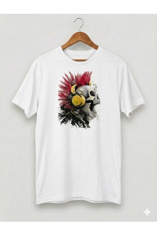 Punk Rock Temalı Kuru Kafa Baskılı Bisiklet Yaka Erkek T-shirt Beyaz