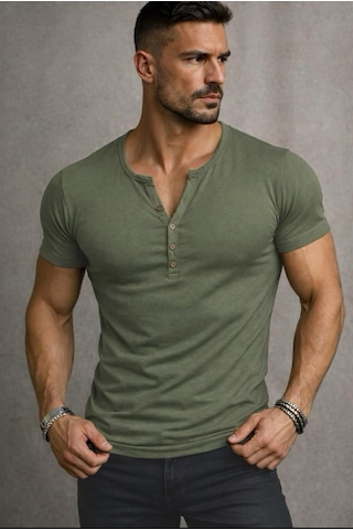 Özel Üretim Henley Yaka Düğmeli Açık Geniş Yaka Tişört T-shirt Haki