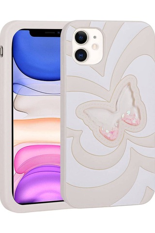 Apple Uyumlu iPhone 11 Kılıf Sıvılı Simli Kelebekli Tasarım Zore Vodena Kapak Beyaz