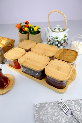 Digithome 6 Lı Bambu Kapaklı Standlı Borosilikat İnce Cam Saklama Kabı Kahvaltılık Takımı D/8 C1-1-289 Kahverengi
