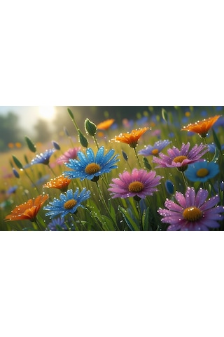 Doğa Ve Manzara Yatay Çayırda Rengarenk Kır Çiçekleri Üzerinde Çiyi 03 Çerçevesiz 90x60cm Pvc Tablo