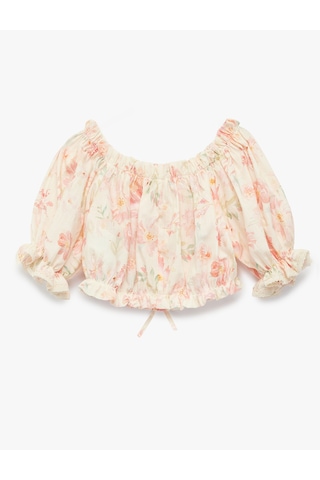 Koton Pamuklu Düşük Omuz Fırfır Detaylı Kısa Kollu Çiçekli Crop Bluz Pembe Desenli 6skg60002ew Pembe