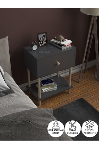 Düşer Kapaklı Raflı Modern Komodin Yatak Odası Başucu Düzenleyici Ahşap Ayaklı Yan Sehpa - Antrasit Antrasit