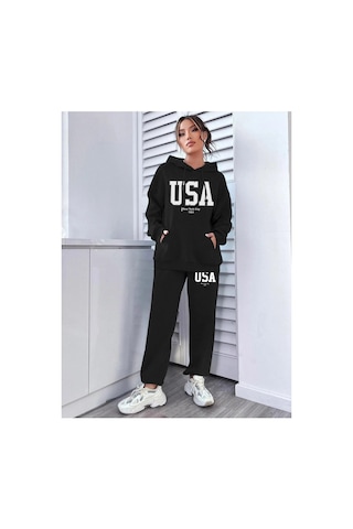 Tarzsokak Siyah Usa Dijital Baskılı Kışlık Unisex Eşofman Takımı