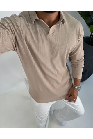 La-boum Polo Yaka Bürümcük Uzun Kol Sweatshirt Bej