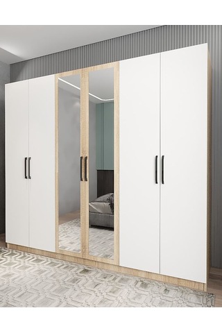Alessi 6 Kapaklı Dolap Gardırop Meşe Beyaz - Montaj Dahil