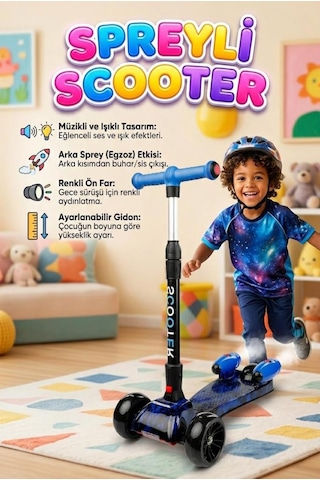 Işıklı Sesli Duman Atan 100 Kg Taşıma Kapasiteli Desenli Büyük Boy 3 Tekerlekli Çocuk Scooter Mor