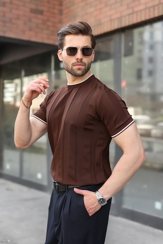 Madmext Kahverengi Bisiklet Yaka Regular Fit Triko Erkek Tişört E7487