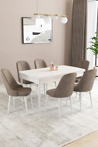 Sar Pakete Almira Serisi, Beyaz 80x132 Açılabilir Mdf Mutfak Masası Takımı 6 Adet Sandalye Cappucino