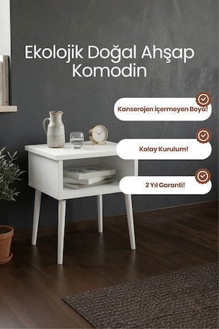 Modern Masif Ahşap Komodin - Raf Detaylı İskandinav Tasarım Beyaz