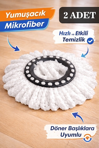 2'li Mop Set Çizmez Mikrofiber Başlık Döner Paspas Havlu Yedeği - Mop Uçlarına Uygun Temizlik Bezi