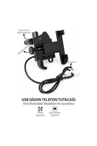 Motosiklet Uyumlu Usb Gidon Telefon Tutacağı Tüm Yıllar Abs Plastik + Metal Siyah Renk