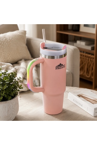 Led Işıklı Kulplu Pipetli Termos - 900 Ml Pembe