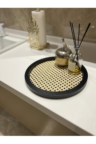 Rattan Hazeran Yuvarlak Tepsi Siyah %100 Doğal Hazeran M021