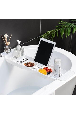 Hfambition Plastik Daraltılabilir Banyo Tepsisi - Su Akışlı Tasarım, Sağlam Konumlandırma, Çeşitli Ürünleri Tutabilir Beyaz