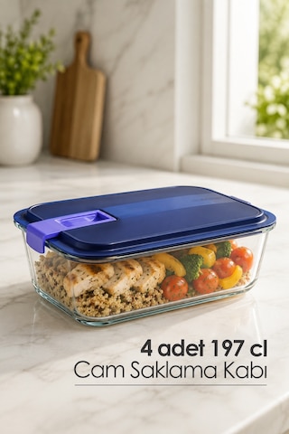 Temp Easy Box Dikdörtgen Mavi Kapak 197cl 4'lü Cam Saklama Kabı Seti Kapaklı Gıda Saklama Kabı Çok Renkli