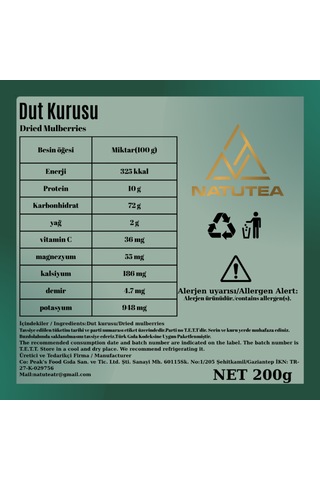 Natutea Dut Kurusu 200 G Kuru Meyve 200 G