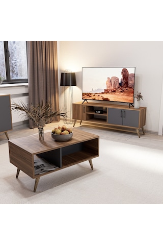 Mezza Set 1580-2070-1620 Exxen (Ahşap Ayaklı) Tv Ünitesi - Orta Sehpa - Konsol Seti Ürgüp - Antrasit