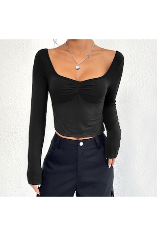 Hnxc Kadın Moda Günlük Yaz Düz Renk Baskı Uzun Kollu U Yaka Bluzlar Ve Gömlekler Siyah