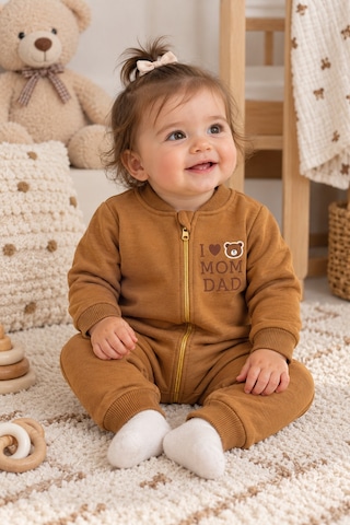 Beniizle Baskılı Unisex 3 İplik Şardonlu Fermuarlı Bebek Tulum Kahverengi
