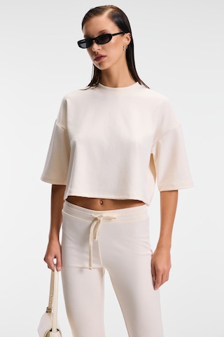 Grımelange Vela Kadın Esnek Kumaşlı Bisiklet Yaka Oversize Fit Bej T-shirt Bej