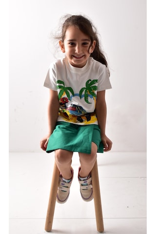 Banadamoda Kız Çocuk Beyaz-yeşil Baskılı T-shirt Şort Etek Takımı Beyaz - Yeşil