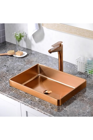 Alfas Aura Dikdörtgen 51x36cm Pvd Rose Gold Tezgah Üstü Tezgah Altı Banyo Mutfak Lavabo 304 Çelik