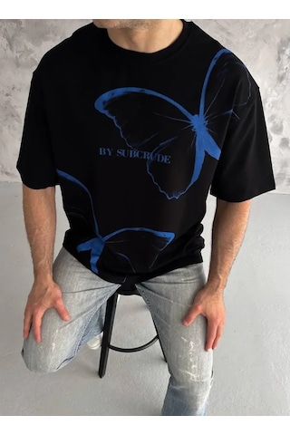 Modi Unisex Bisiklet Yaka Baskılı Oversize T-shirt - Siyah - Mymg180610