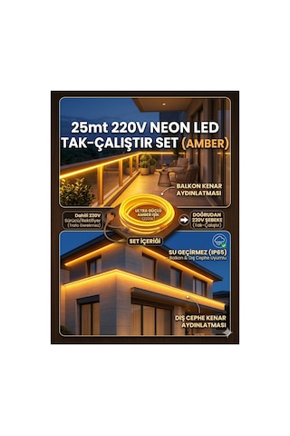 25 Metre Amber 220v Neon Led Şerit ,tak Çalıştır Set, Fişli Esnek Şerit Led, ,turuncu Led,mutfak,tezgah Ledi, Neon Led Şerit Işık ,ambiyans Işık Havuzu, Balkon, Teras Ve Ev İçin Dekoratif Led Amber