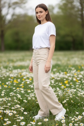 Woddi Nova Kadın Yüksek Bel Krem Salaş Jeans Wide Leg Geniş Paça Palazzo Kot Pantolon