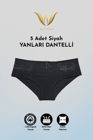 Wcreas Yanları Dantelli Pamuklu Kadın Bato Külot, 5'li Paket Pamuklu Yumuşak Kumaş Dantelli Külot Siyah