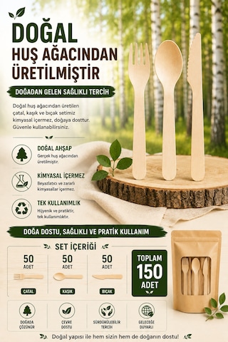 150'li Ekolojik Tahta Çatal Kaşık Bıçak Seti 16 Cm Kullan At Davet Parti Organizasyon Seti