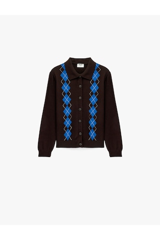 Koton Viskon Karışımlı Baklava Desenli Uzun Kollu Düğmeli Polo Yaka Triko Hırka Kahverengi 7wkg90097ht Kahve