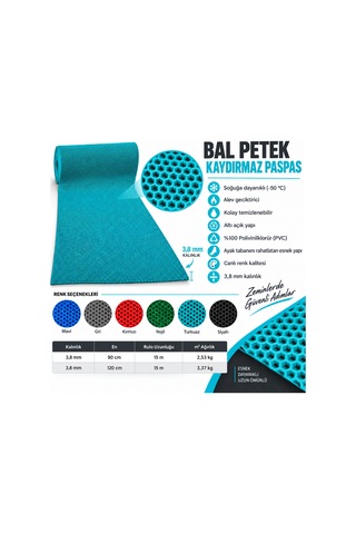 Hortumtech Bal Petek Paspas Kaydırmaz Pvc Islak Zemin Duş Havuz Su Tahliyesi 4 Mm - Turkuaz 120 X 800 Cm