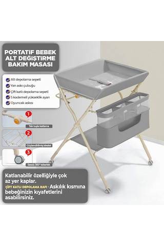 Portatif Bebek Alt Değiştirme Bakım Masası Sepetli Organizer Katlanabilir Taşınabilir İstasyon Tekerlekli Askılık Gri