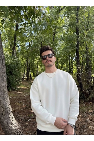 Erkek Oversize Bisiklet Yaka Geniş Kesim Sweatshirt Beyaz