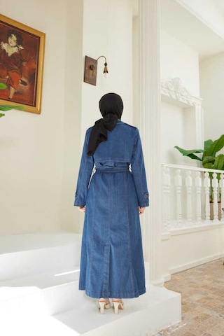 Neways 6458-Battal Allerli Denim Trençkot Koyu Mavi Mavi