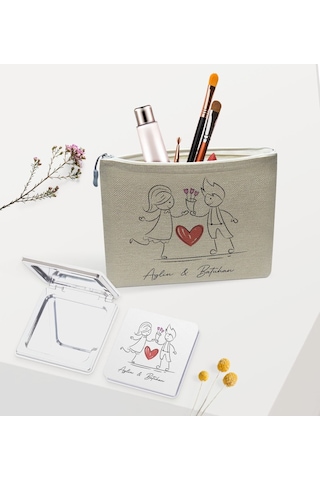 Bk Gift Kişiye Özel Keten Makyaj Çantası Ve Ayna Seti, Sevgiliye Hediye, Sevgililer Günü Hediyesi, Doğum Günü Hediyesi