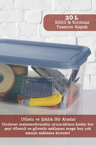 2'li 30l Multibox Saklama Kabı Kilitli Kapaklı Çok Amaçlı Düzenleyici Kiler Depolama Saklama Kutusu Mavi