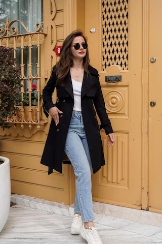Pastelastore %100 Pamuk Gabardin Midi 95cm Astarlı Kemerli Kadın Trençkot 1113 Siyah