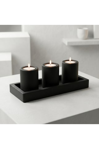 Mat Karbon Siyah Dekoratif 4lü Beton Tabaklı Mumluk Seti 3 Adet Tealight Mum Dahil Çok Renkli