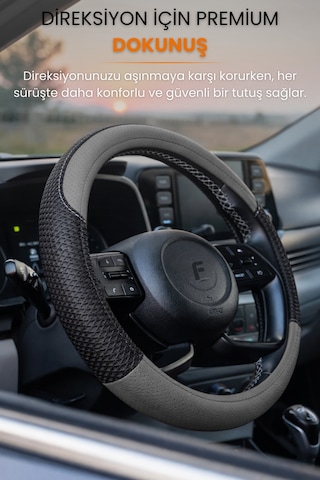 Direksiyon Kılıfı Universal Geçmeli Oto Direksiyon Kılıfı Premium Deri Kaymaz Terletmez - Flx4 Siyah - Gri