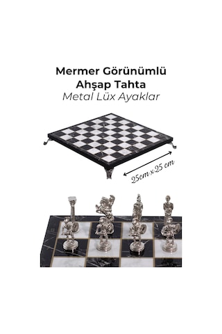 Mc42 Antik Roma Metal Satranç Takımı - Mermer Desenli 25cm Tahta El Yapımı Taşlar