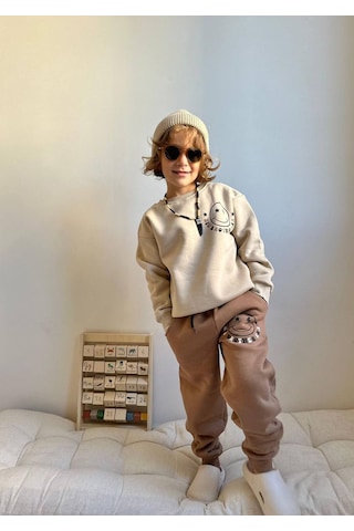 Jolly Kids Erkek Çocuk Smile Yüz Baskılı Sweatshirt Takım Kahverengi