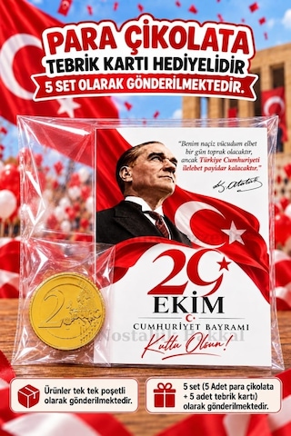5 Adet 29 Ekim Cumhuriyet Bayramı Para Çikolata Tebrik Kartı Hediye Seti