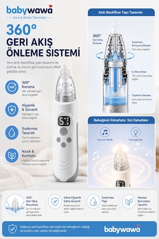 Babywawa H-032 Elektrikli Burun Aspiratörü 0-12 Yaş Şarjlı Nazal Aspiratör 5 Kademe Güçlü Vakum Led Işıklı Müzikli