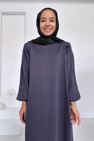 Kahijab Balon Kol Merserize Elbise - Füme