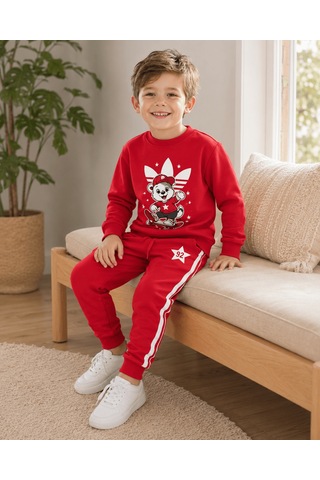 Eray Alp Kids Unisex Çocuk Kırmızı Baskılı Sweatshirt Eşofman Takımı Günlük Rahat Kombin